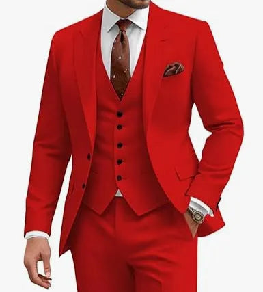 Men's slim-fit three-piece suit in chemical fibre blend fabric available in multiple colours