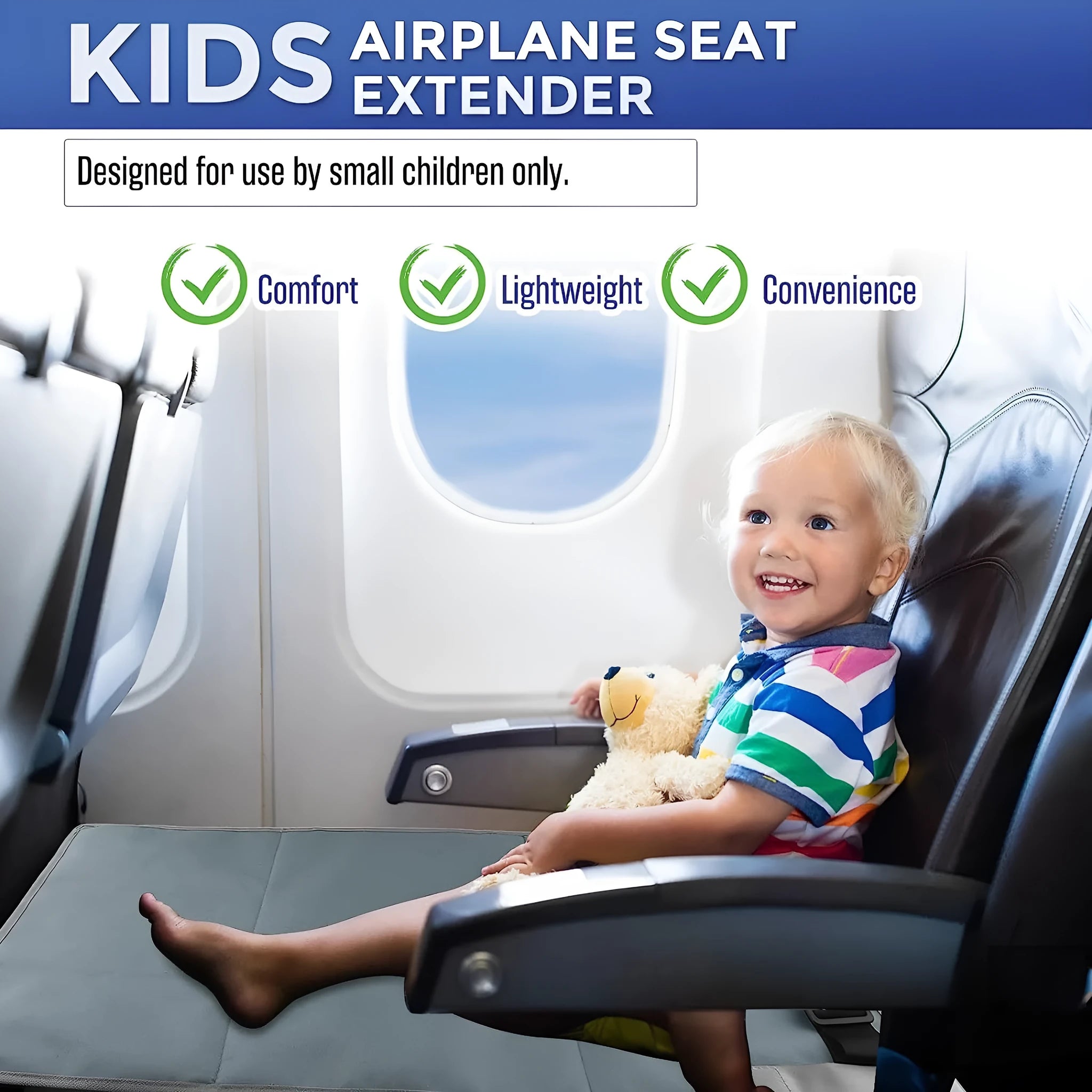 Portable grey nylon children's aircraft seat pedal extender with a matching drawstring pocket.