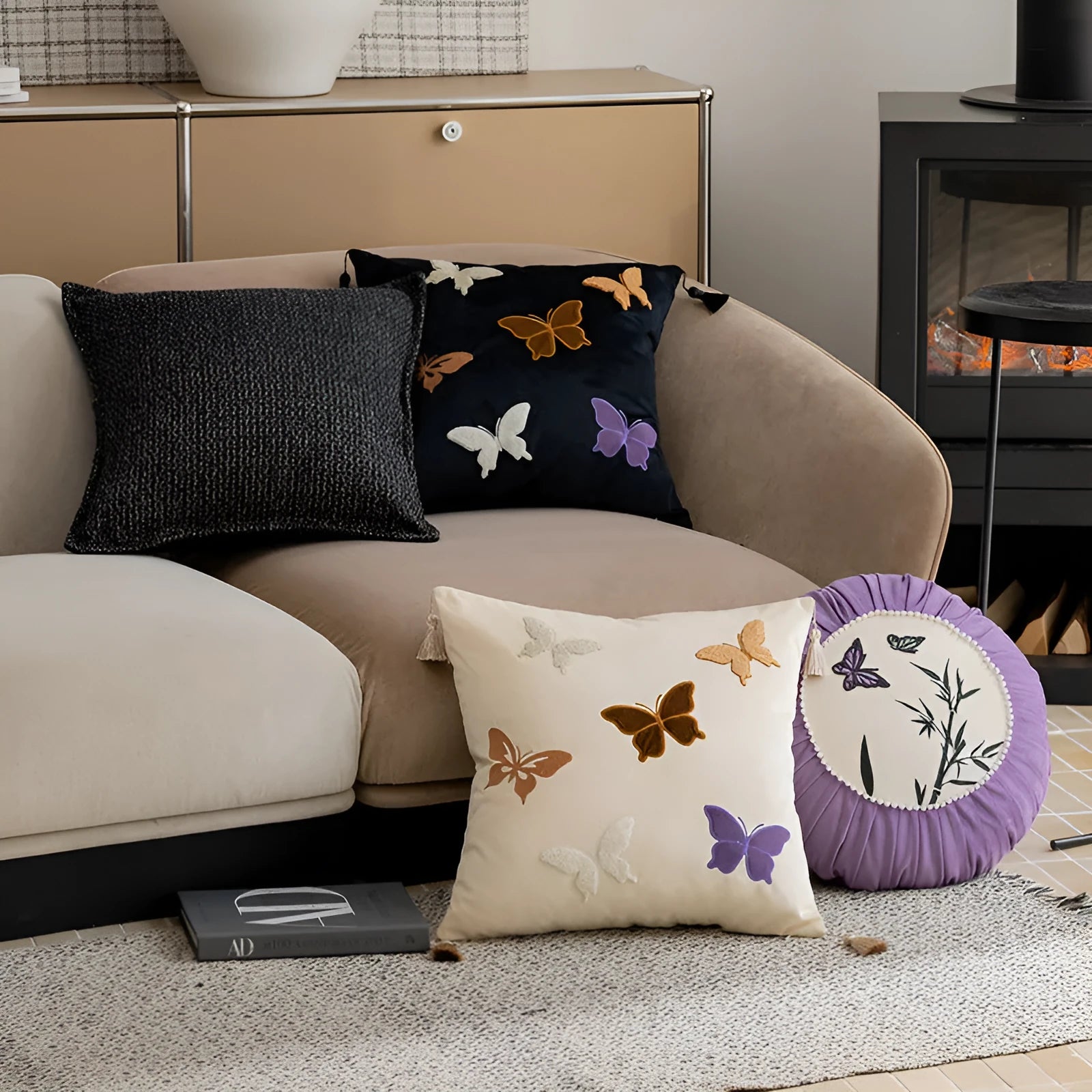 Square couch pillow with butterfly embroidery in Chinese style pattern, 45cm dimensions in beige, black, or purple
