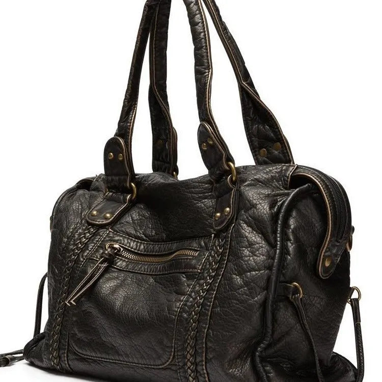 Women's brown retro PU messenger bag with woven accent and shoulder strap