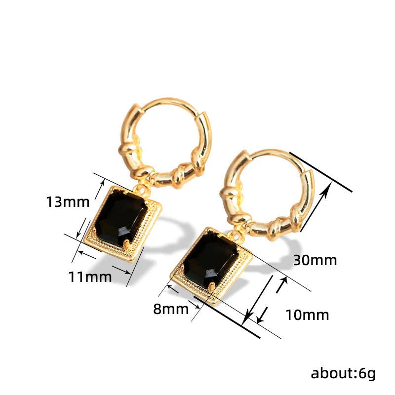 Black zircon French court retro earrings with geometric quadrilateral copper design