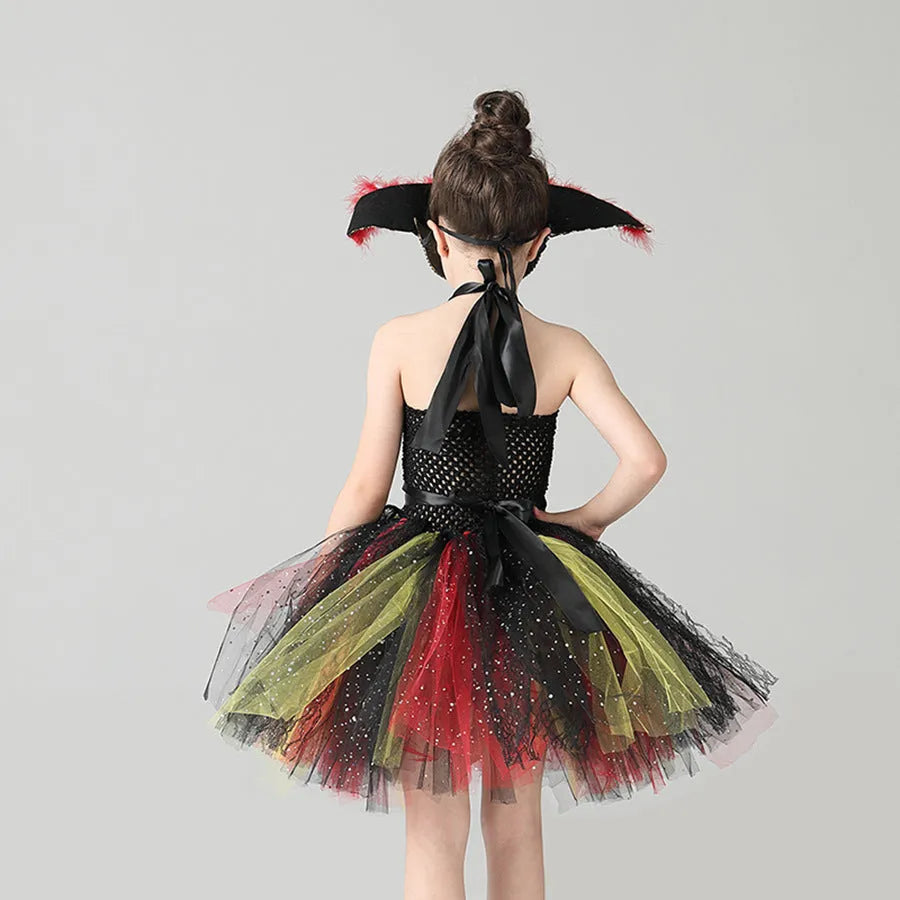 Girls sleeveless pirate costume dress with black sequin and lace detailing for Halloween.
