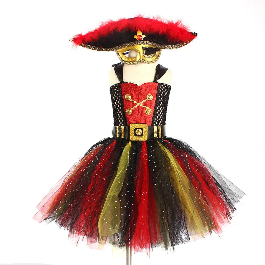 Girls sleeveless pirate costume dress with black sequin and lace detailing for Halloween.