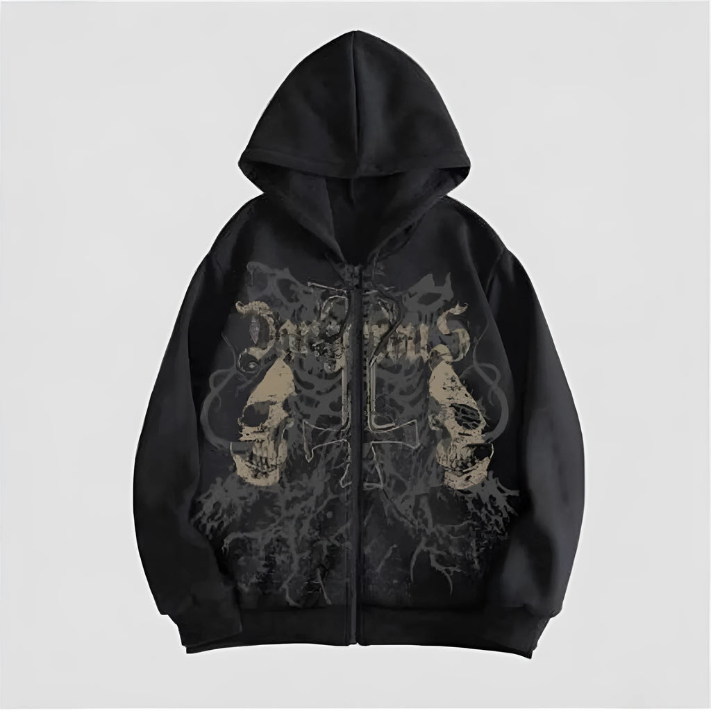 Men's black hooded sweatshirt with skull print pattern on cotton blend fabric
