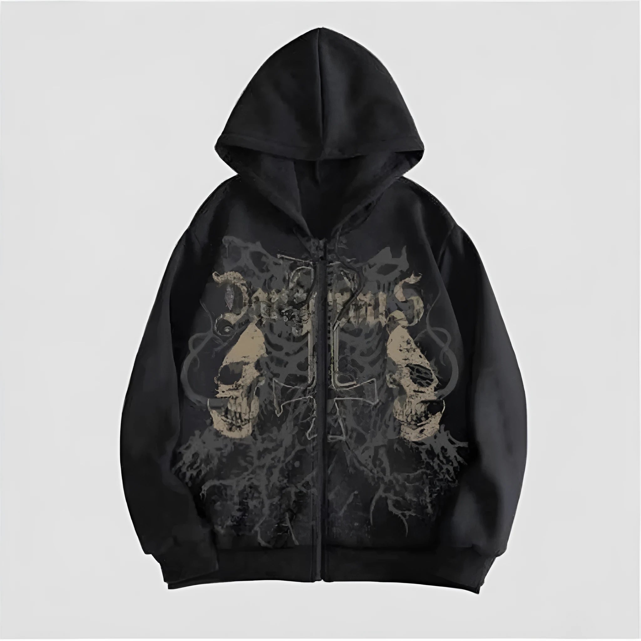 Men's black hooded sweatshirt with skull print pattern on cotton blend fabric