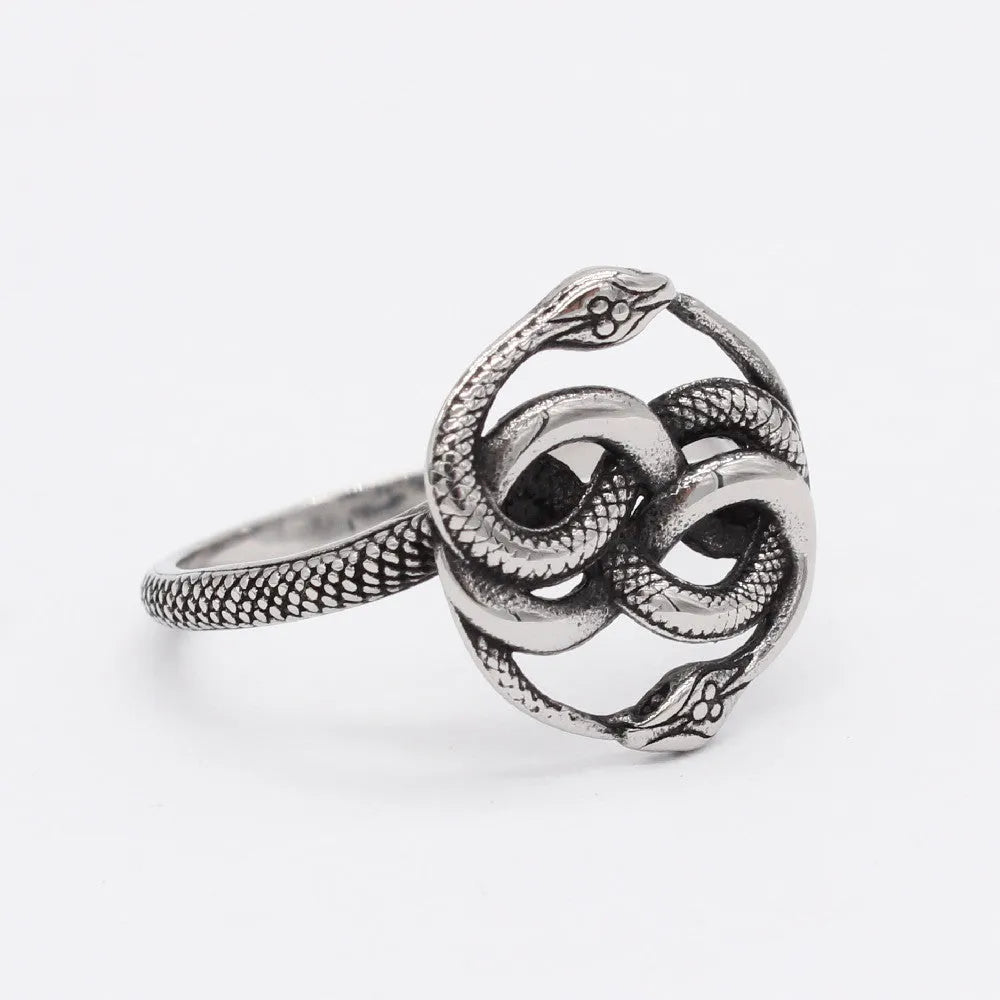 Titanium steel double snake ring in steel colour with retro design showing intertwined snakes