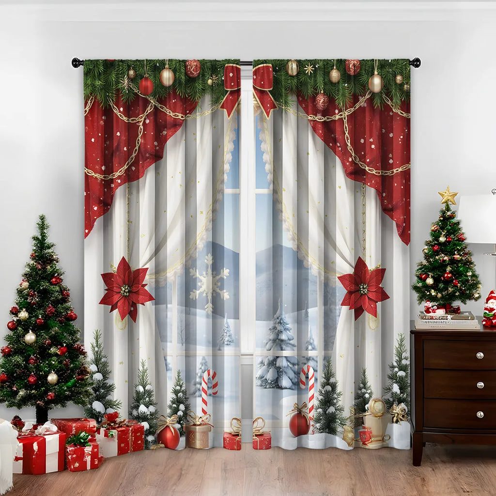 Pair of 3D digitally printed Christmas theme curtains made from polyester fabric, showing detailed pattern.
