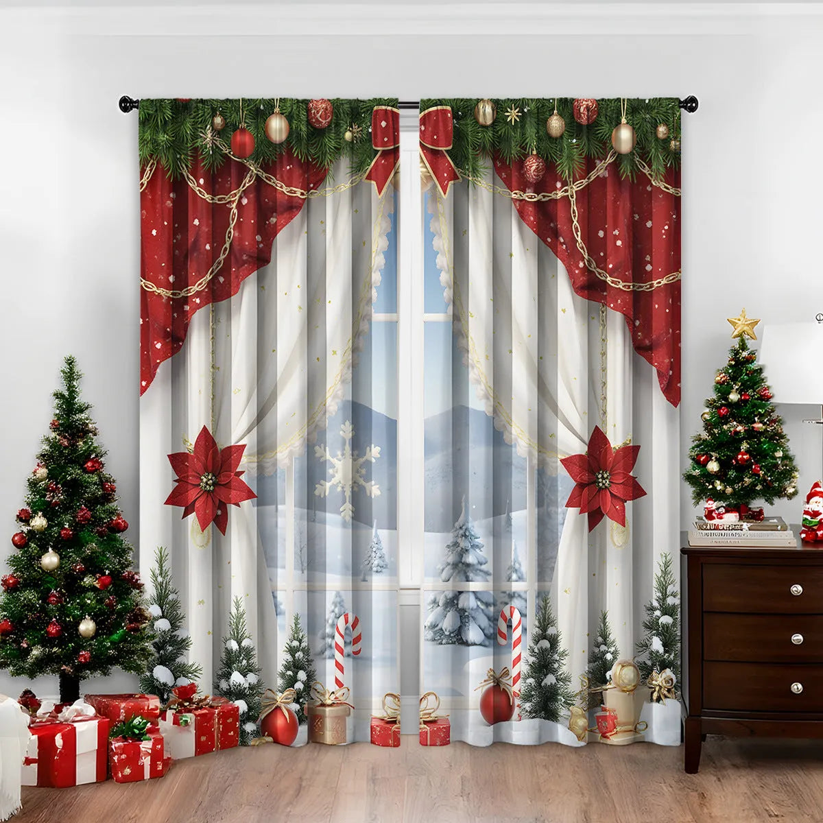 Pair of 3D digitally printed Christmas theme curtains made from polyester fabric, showing detailed pattern.