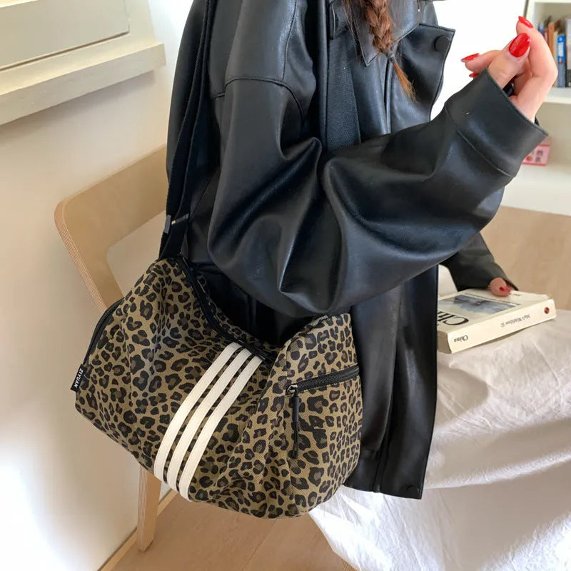 Leopard print stripes sports style shoulder messenger bag with cross-body strap