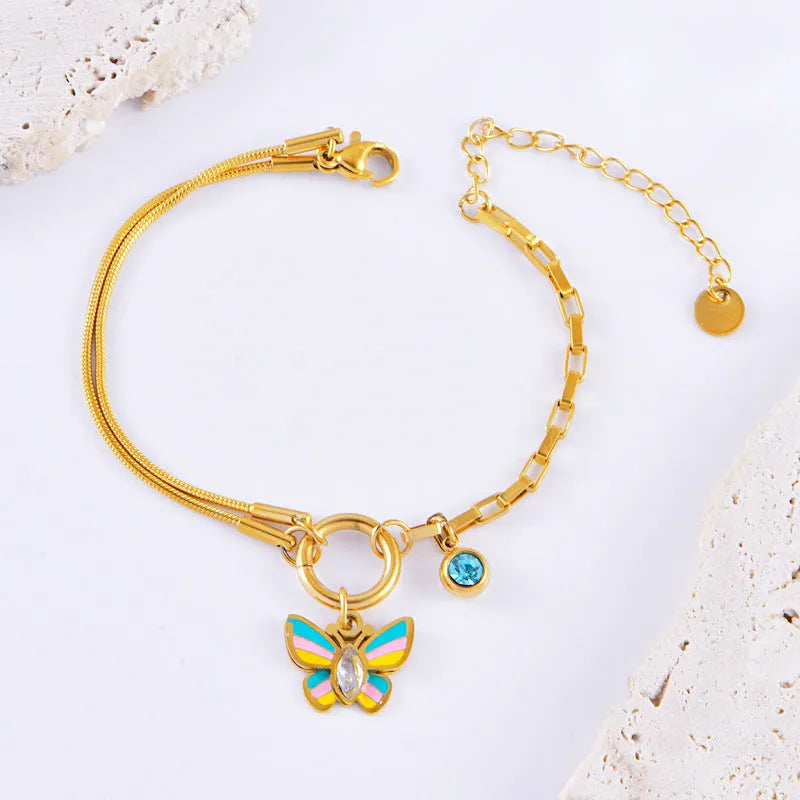 Gold epoxy butterfly pendant necklace and bracelet set with titanium steel snake bones chain