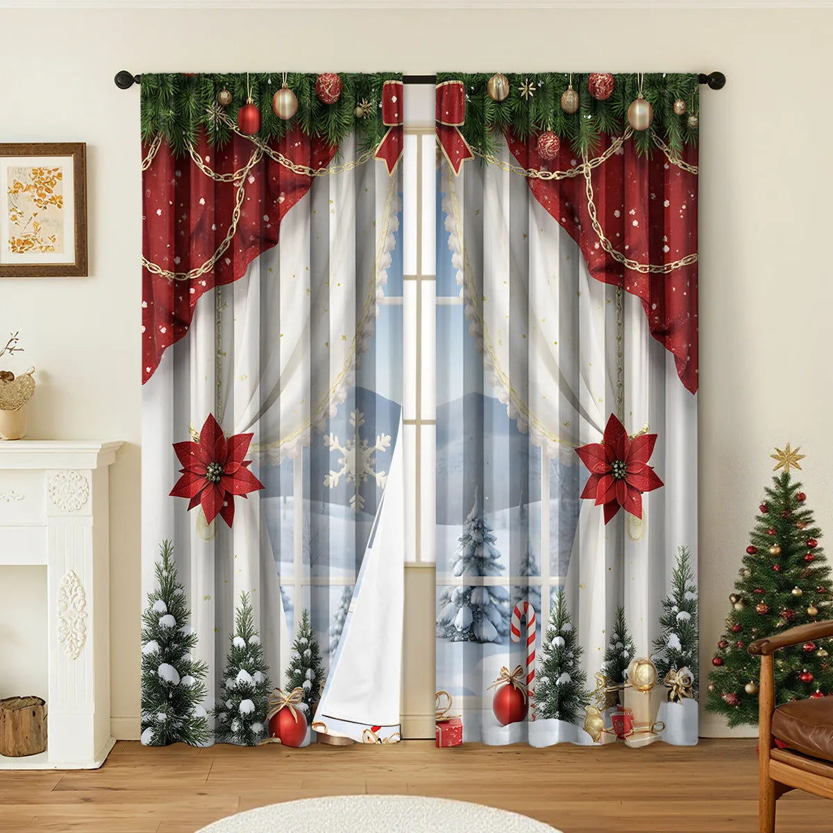 Pair of 3D digitally printed Christmas theme curtains made from polyester fabric, showing detailed pattern.