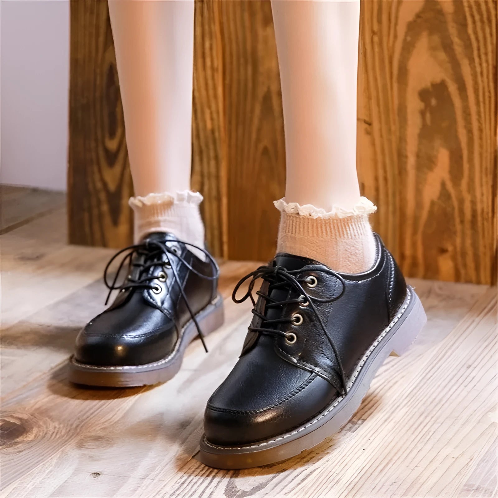Women's black retro Mary Jane shoes with front lace-up and low square heel