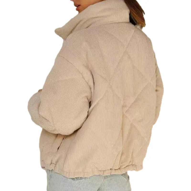 Apricot women's corduroy jacket with stand collar, long sleeves, and front zipper.