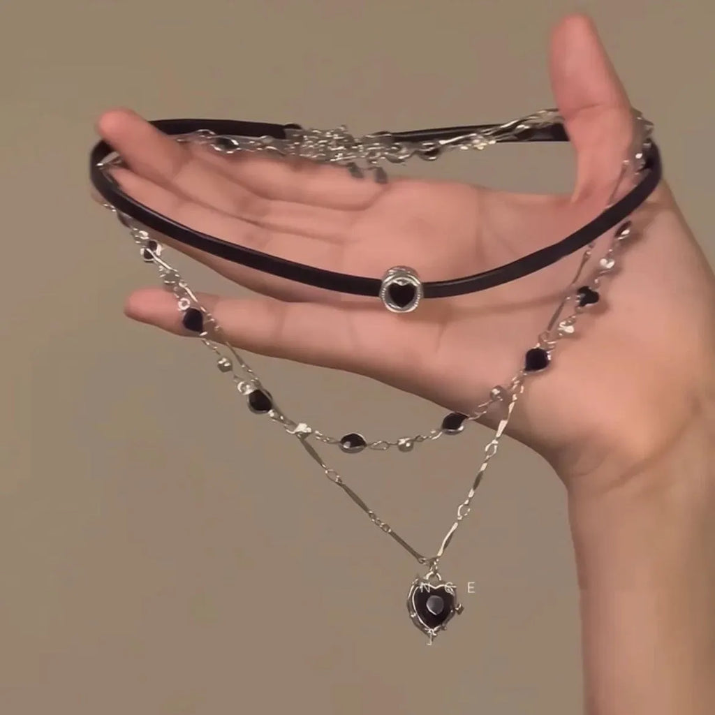 Women's adjustable multi-layer necklace with heart-shaped alloy pendants and crystal detailing