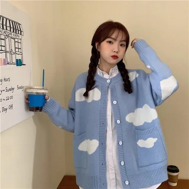 Women's blue spandex cardigan with cloud pattern, loose fit design with long sleeves