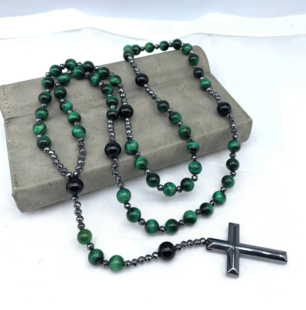Men's stone cross pendant necklace on a ball bead chain with a safety lock clasp.