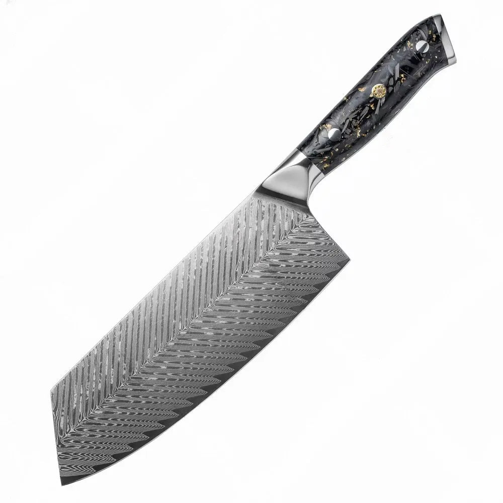 67-layer Damascus steel kitchen knife set with fishbone pattern showing eight different blade sizes and types