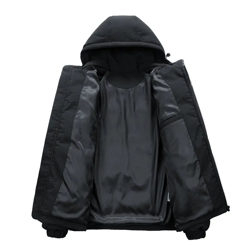 Men's black padded hooded coat with white letter print, side pockets, Korean style cardigan design