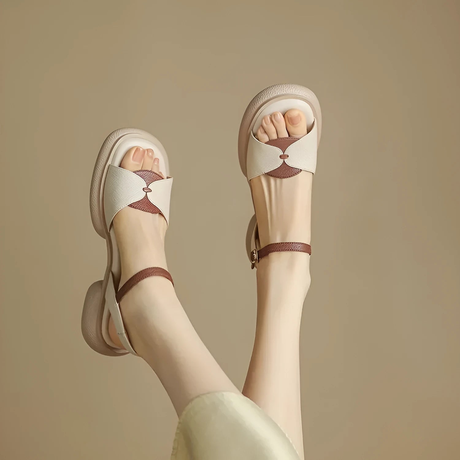 Women's chunky heel platform open toe sandals in khaki colour with renewable leather upper