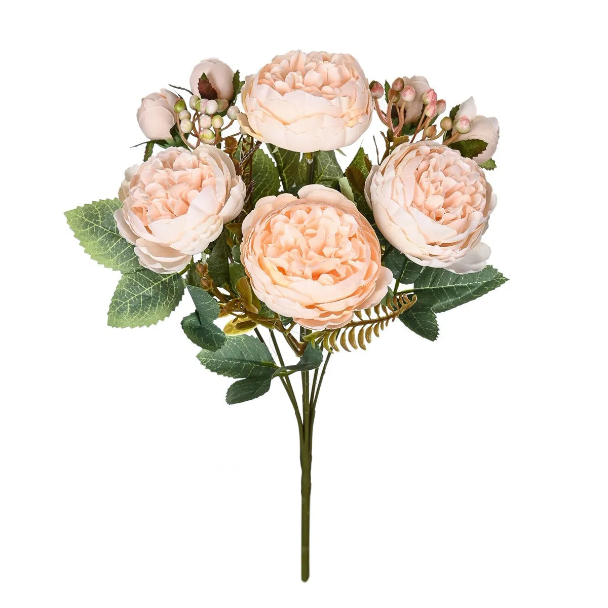 Artificial silk peony bouquet in a choice of champagne, pink, purple, sand red, or white colours.