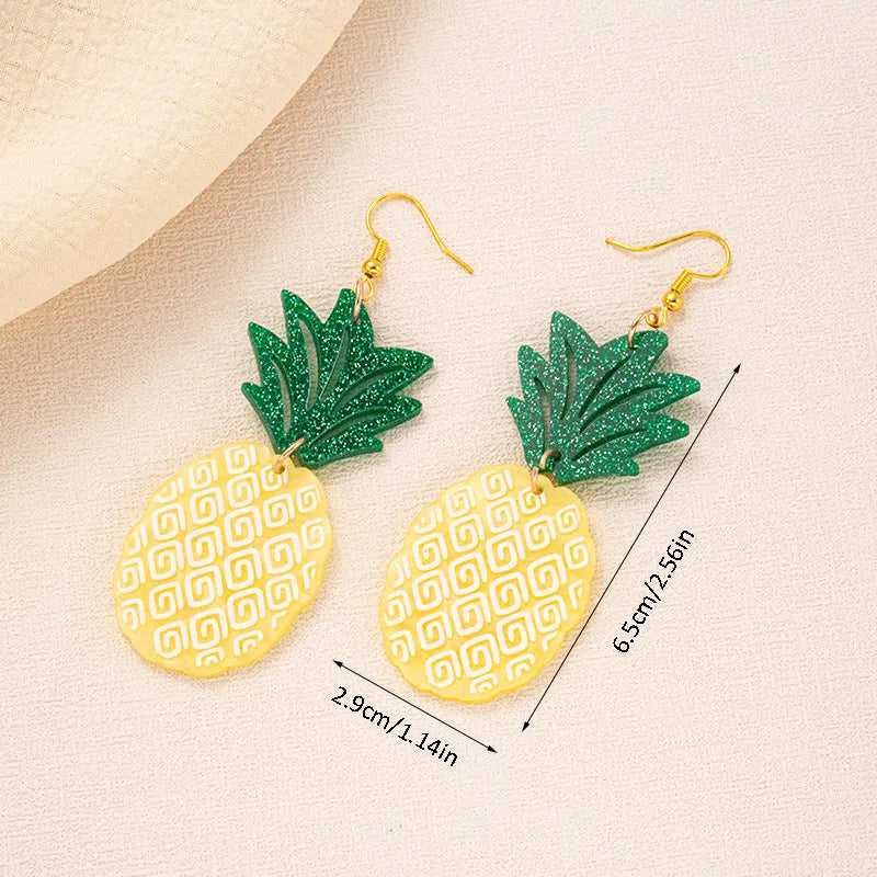 Acrylic drop earrings with coconut and jackfruit design on an alloy hook, shown in multiple colour styles.