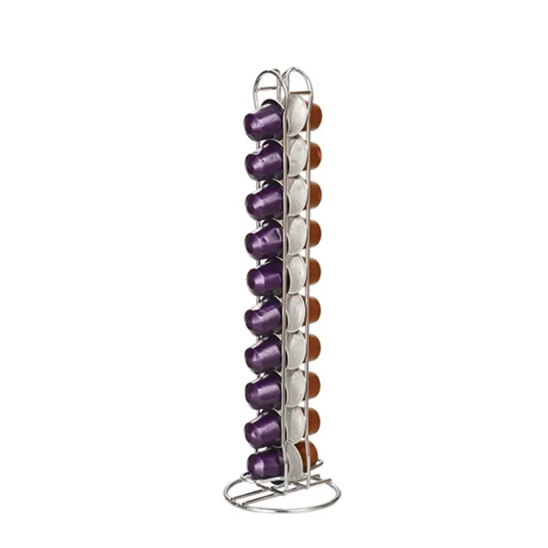 Wrought iron coffee capsule storage rack holding 20 capsules in spray black finish