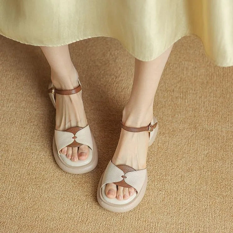 Women's chunky heel platform open toe sandals in khaki colour with renewable leather upper