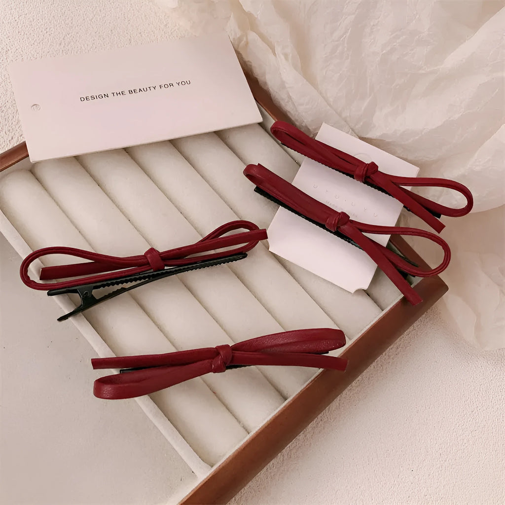 Wine red leather bow hair barrettes for women's hair styling accessories