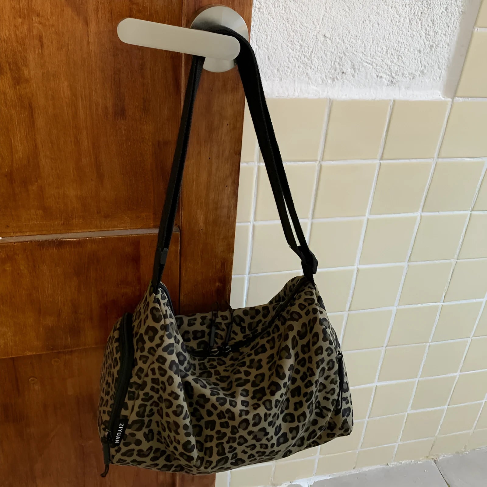 Leopard print stripes sports style shoulder messenger bag with cross-body strap