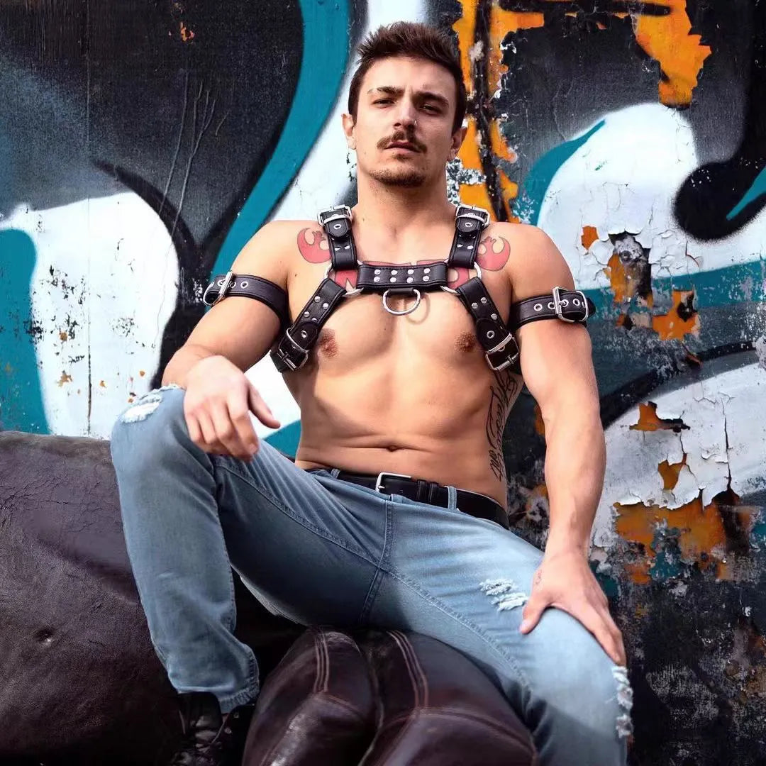 Black leather adjustable chest strap with metal buckle for men's costume and party wear