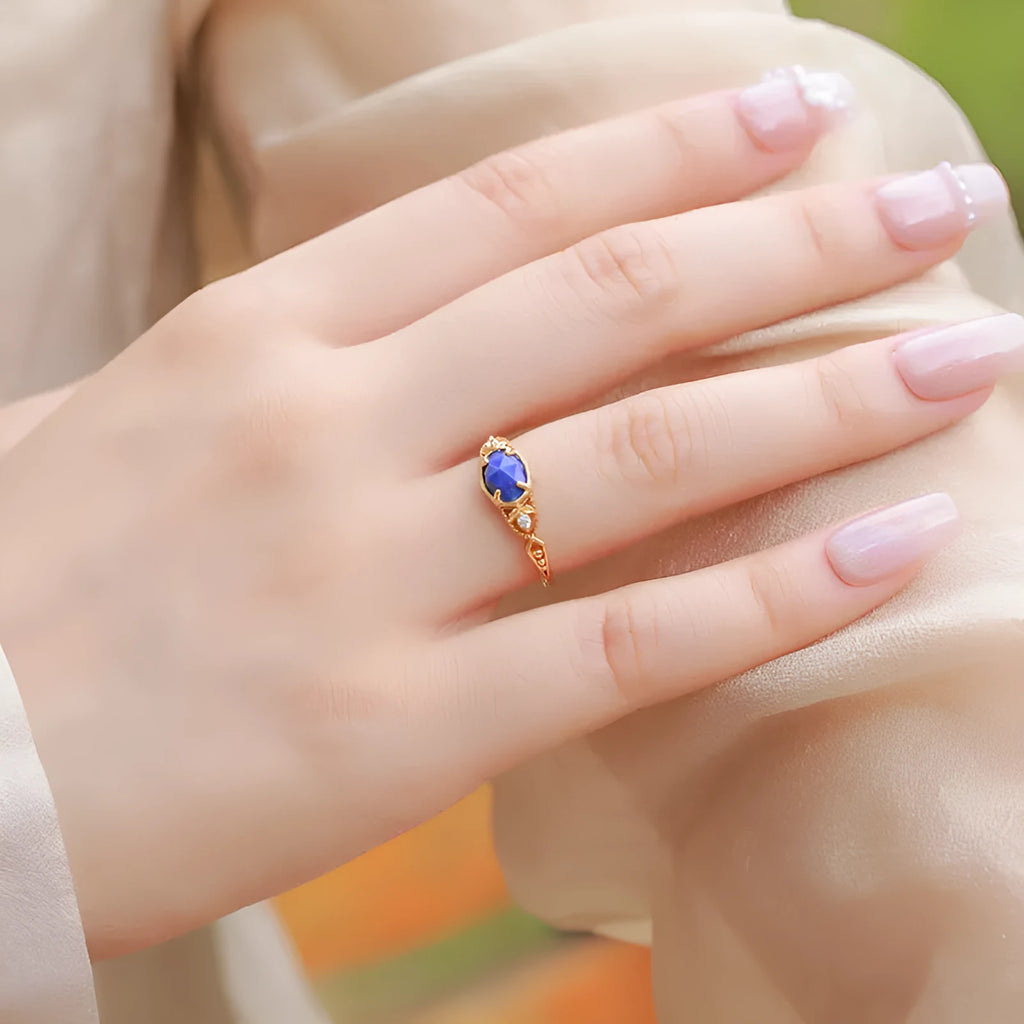 Geometric ellipse lapis lazuli ring in silver alloy with Japanese style design on model hand