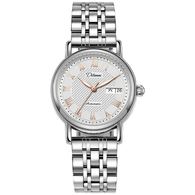 Women's automatic mechanical watch on wrist showing open case back with visible movement