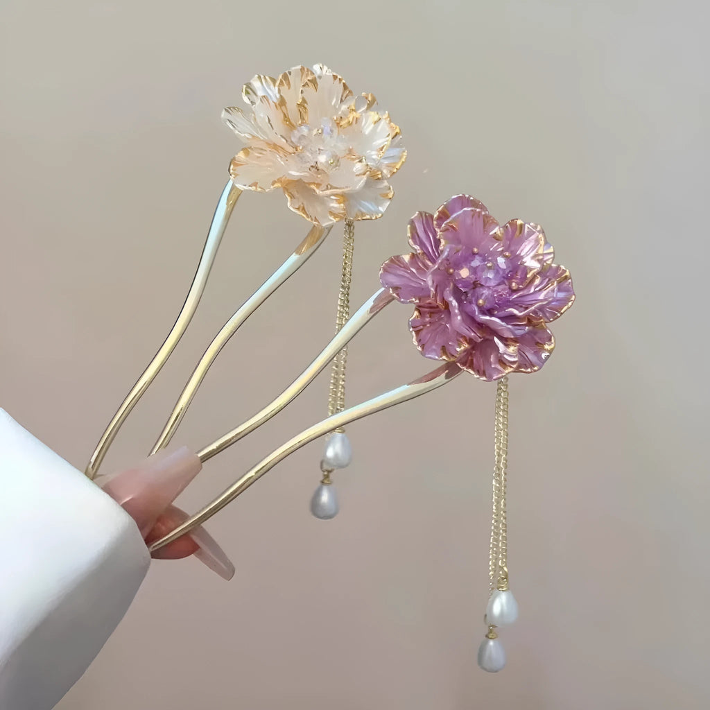 Purple and white peony flower tassel U-shaped hairpin with electroplated alloy construction
