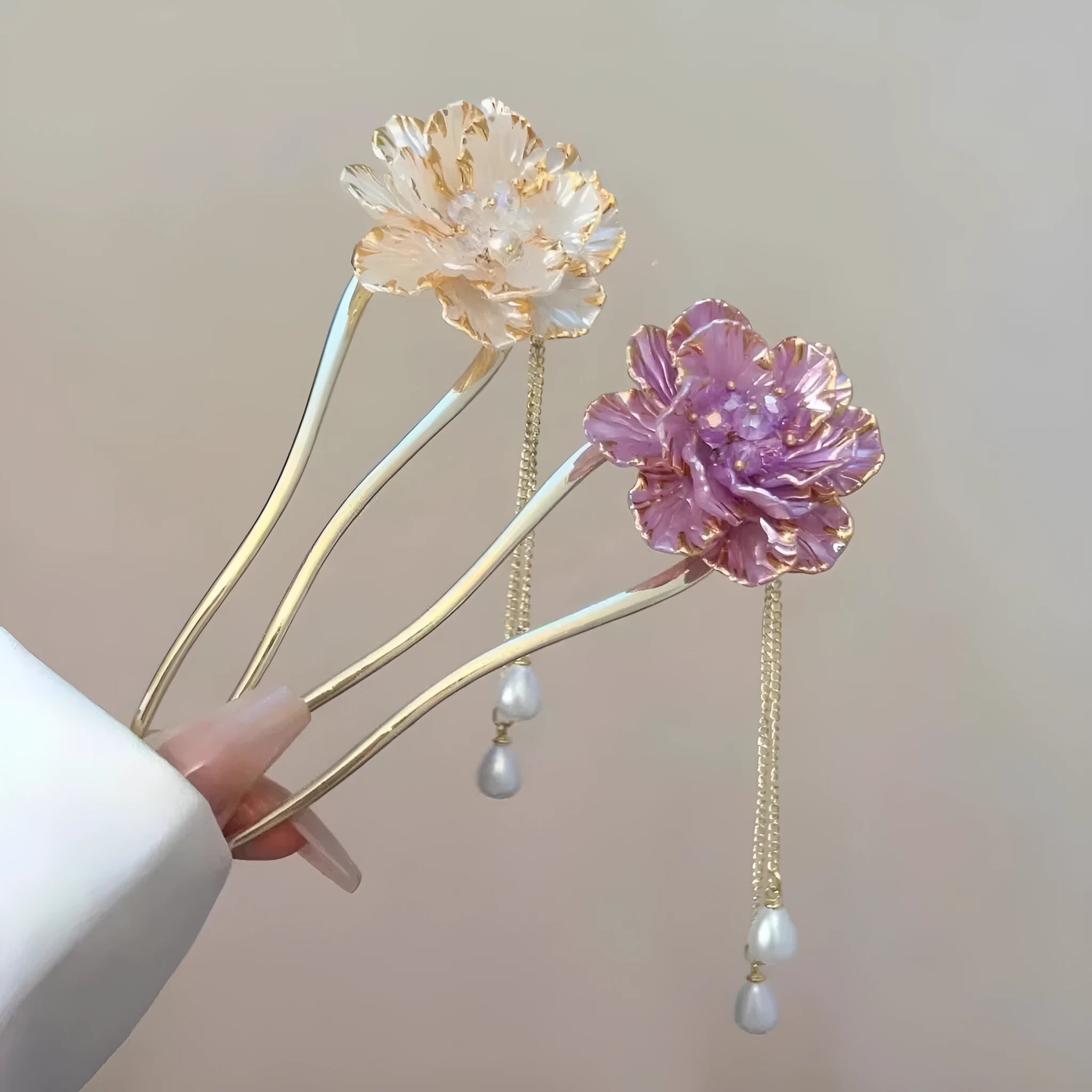 Purple and white peony flower tassel U-shaped hairpin with electroplated alloy construction
