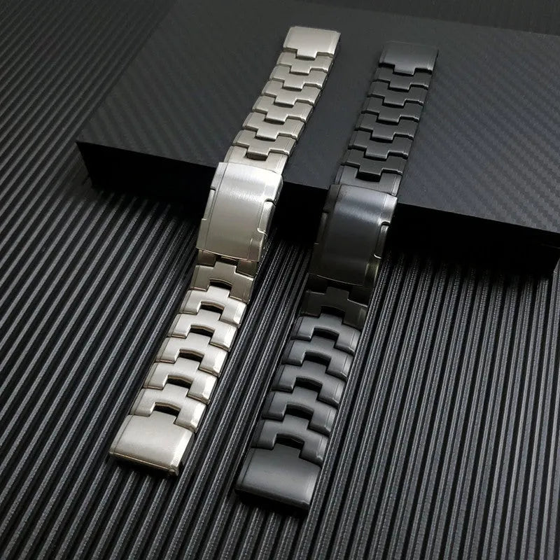 Garmin Fenix compatible watch strap shown in black, silver, and titanium colours for 22mm and 26mm widths.