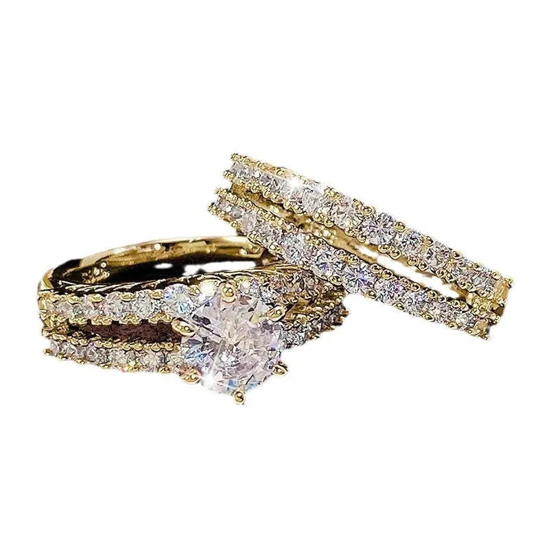2-in-1 fully-jewelled geometric female ring set in silver, gold, and rose gold colours