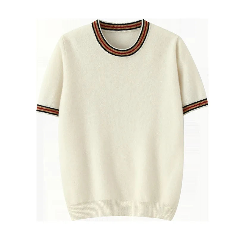 Men's pure wool short sleeve round neck sweater in black, grey or white colours