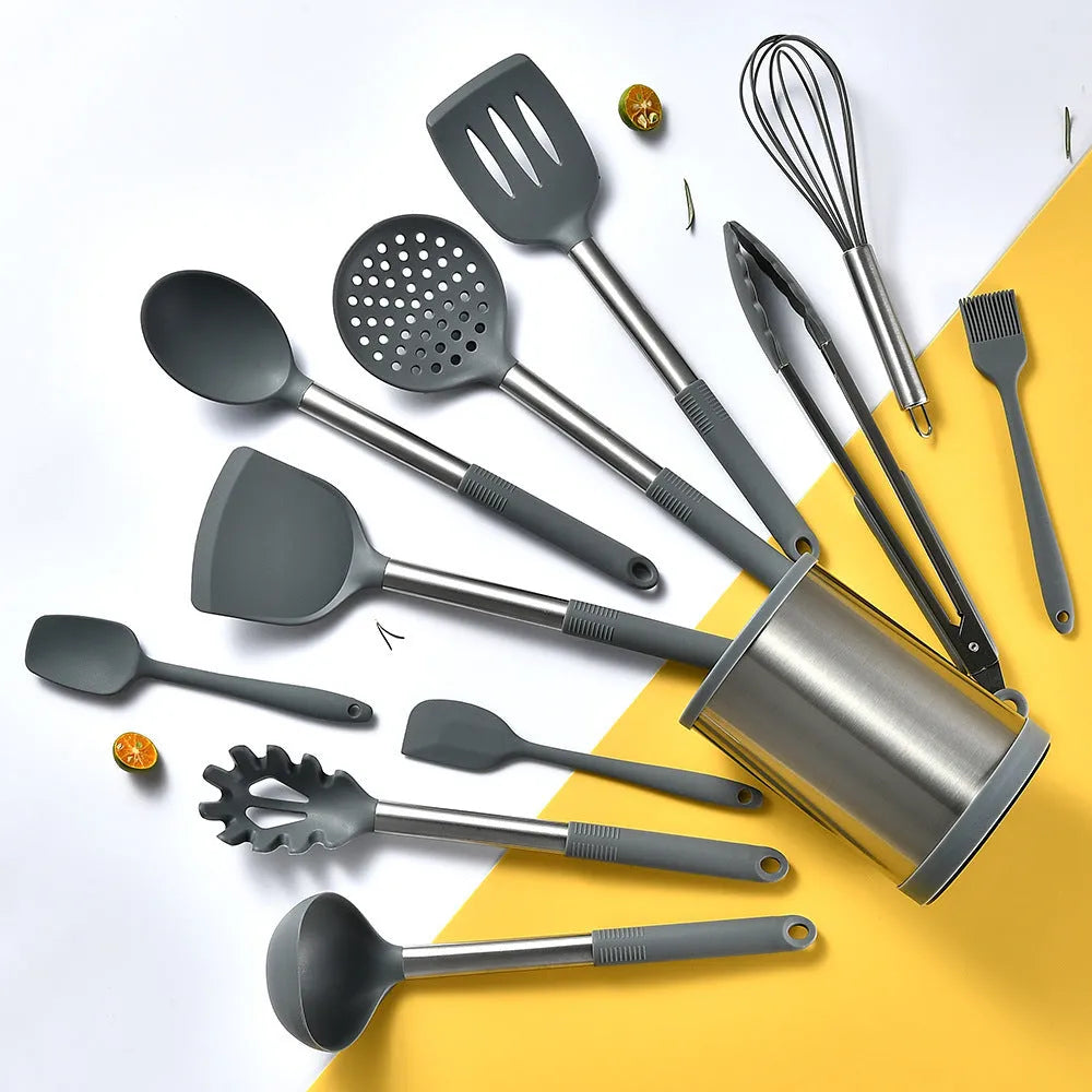 Silicone kitchenware 12 piece set with utensils and rotating storage bucket in black, grey, or khaki