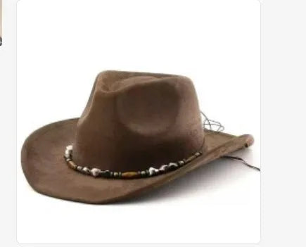 Brown leather velvet curved edge Western cowboy hat with a conical crown.