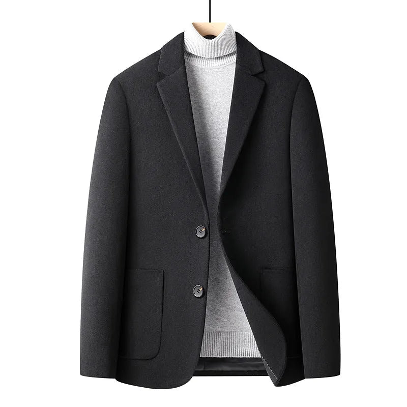 Men's slim fit wool suit jacket in grey, shown on a hanger, suitable for autumn and winter.
