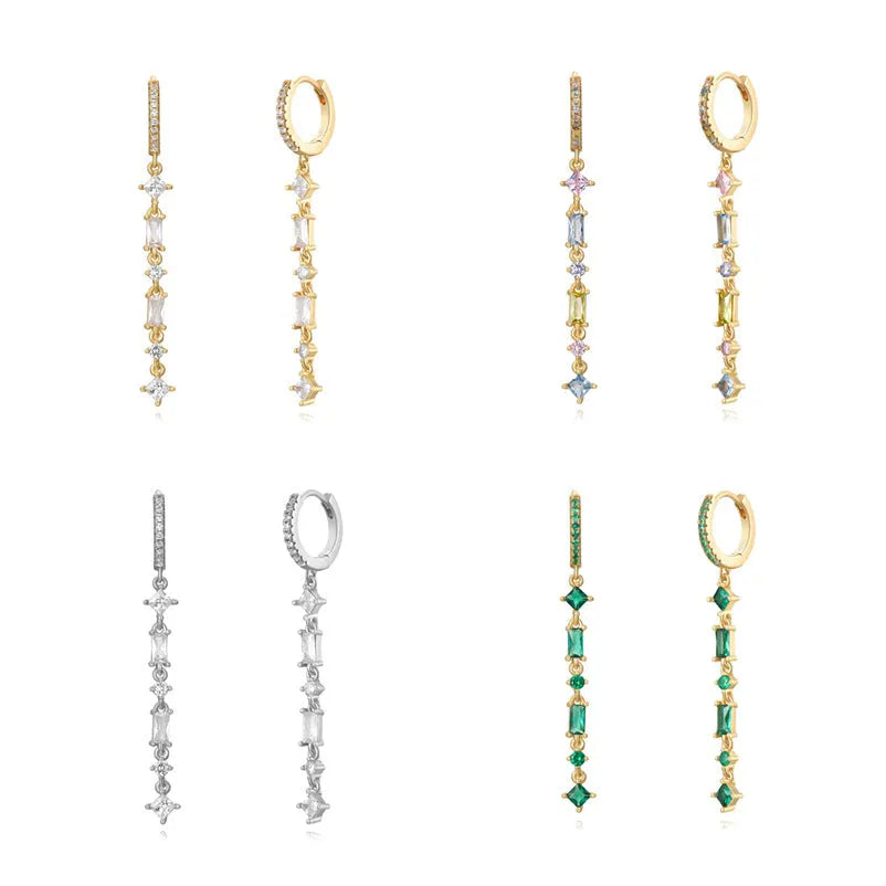 Geometric tassel ear clips with colourful zircon micro-inlay in gold and white gold colours