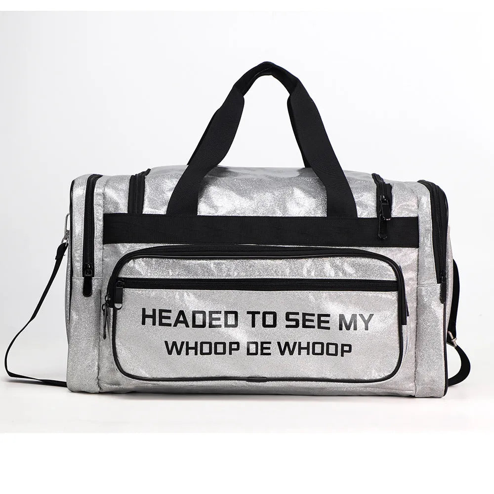 Large silver PU leather yoga sports handbag with letter design and multiple compartments