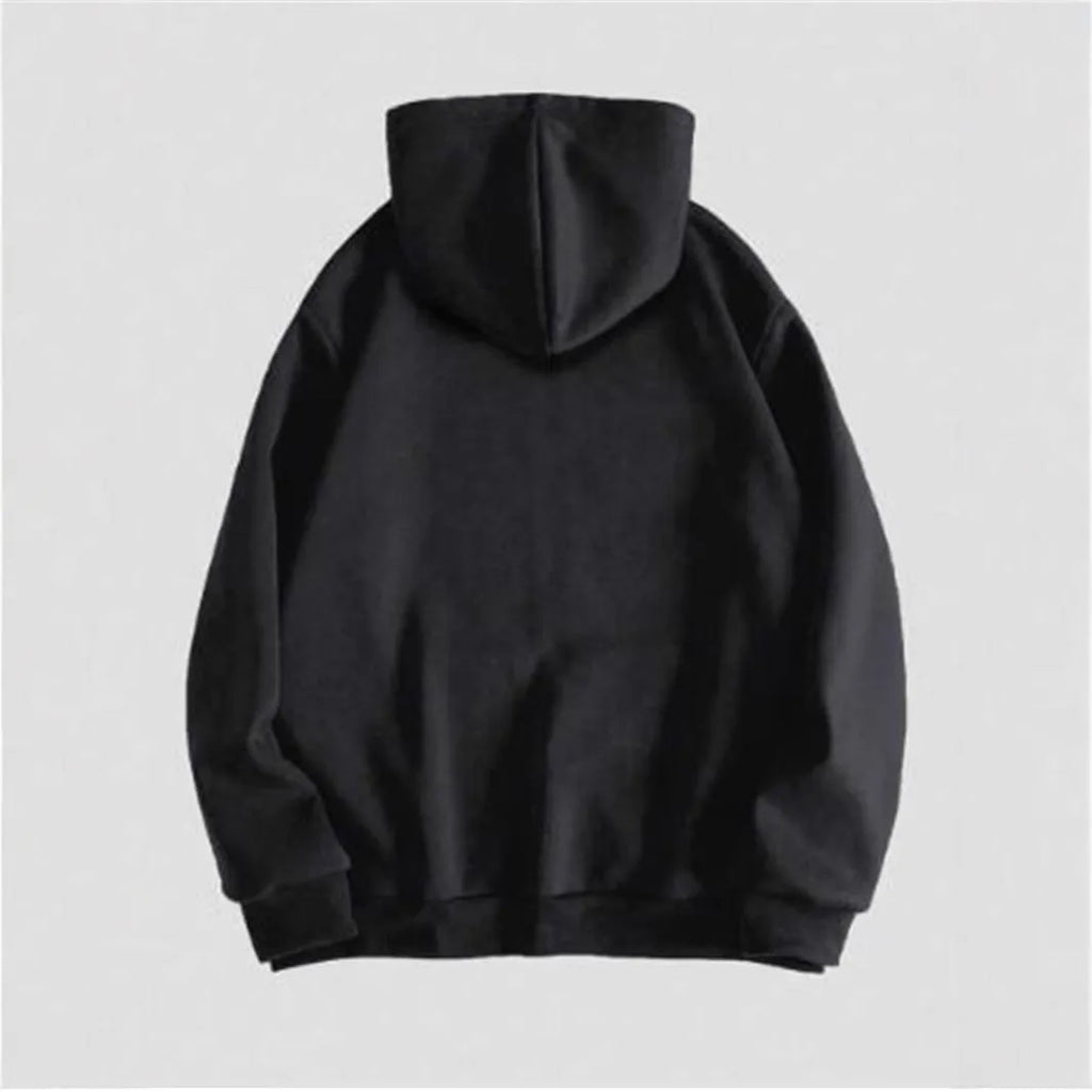 Men's black hooded sweatshirt with skull print pattern on cotton blend fabric
