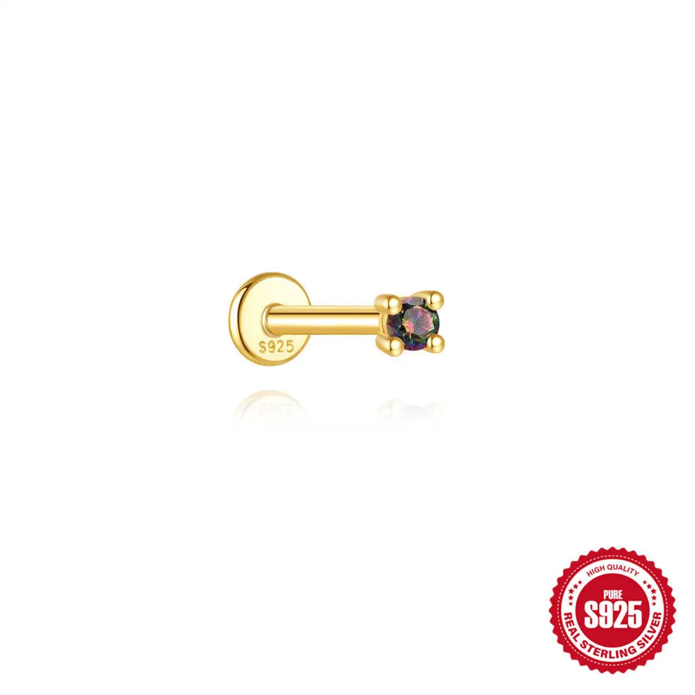 S925 sterling silver flat head stud earrings with shiny rainbow stone finish, showing thread piercing post.