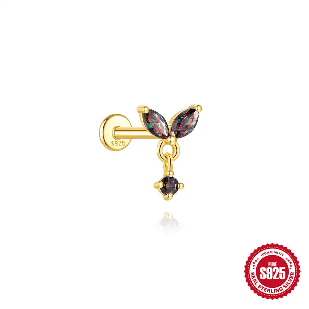 S925 sterling silver flat head stud earrings with shiny rainbow stone finish, showing thread piercing post.