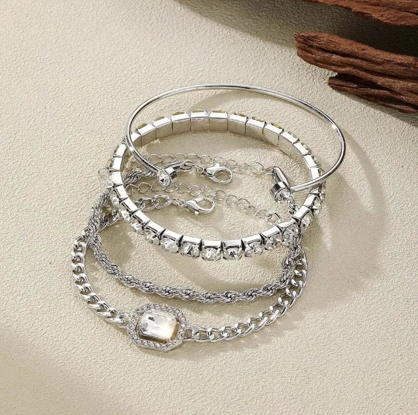 Four-piece alloy bracelet set with geometric square diamonds and metal chain in retro style