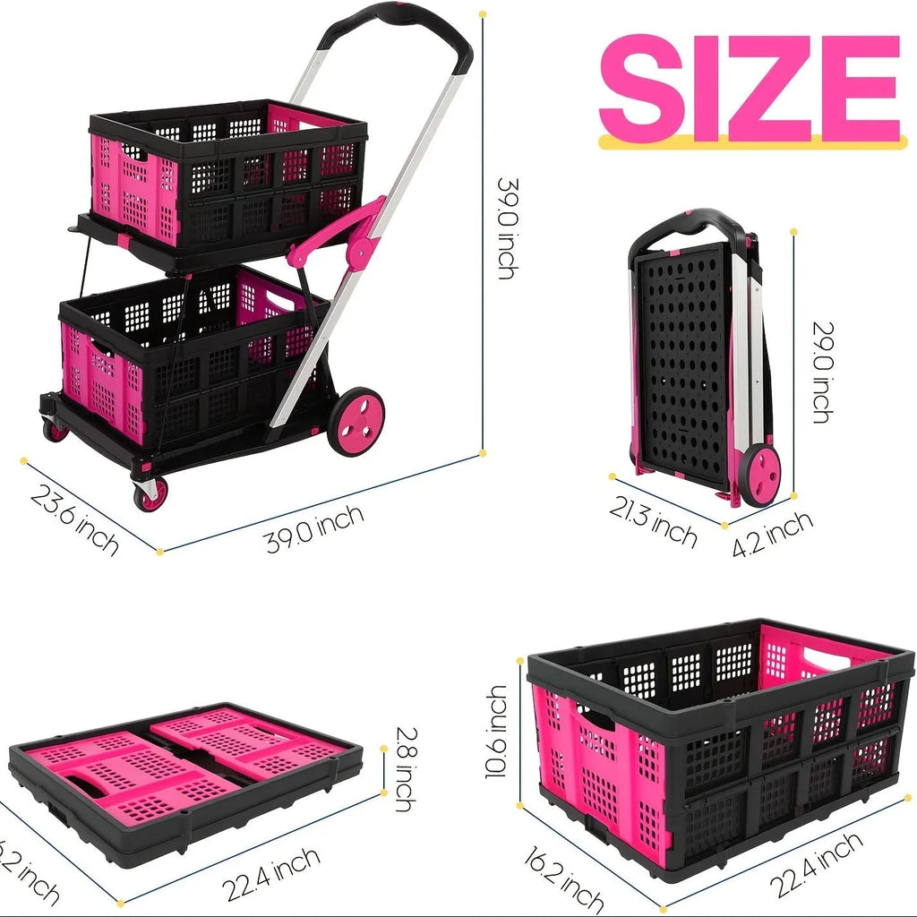 Foldable plastic shopping cart with double-layer baskets in blue, purple, pink, and red colour options
