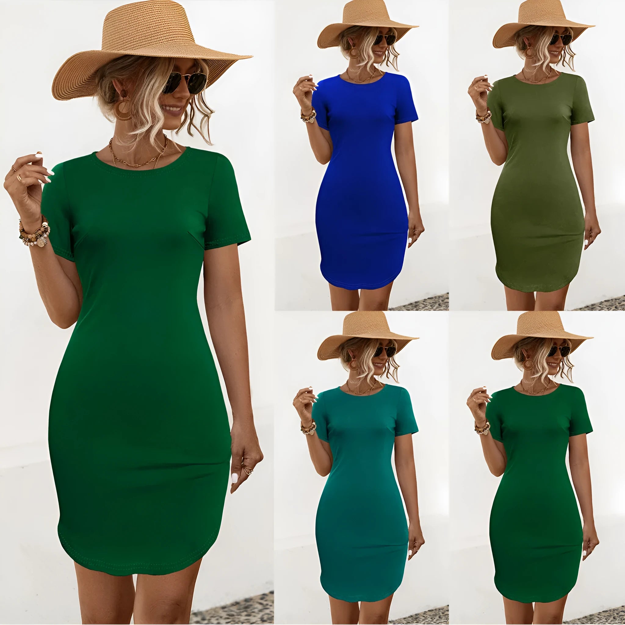 Women's slim solid colour short sleeve dress with a U-shaped split detail on the front.