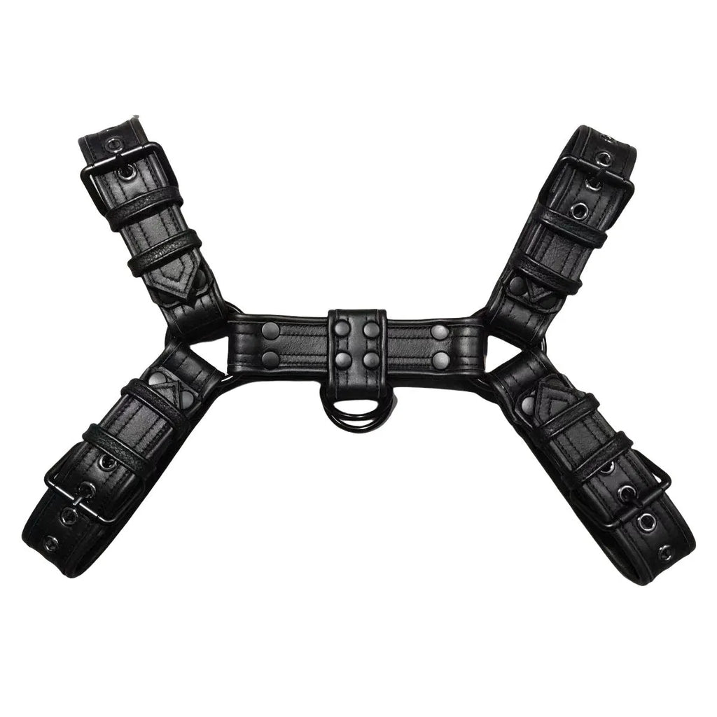Black leather adjustable chest strap with metal buckle for men's costume and party wear