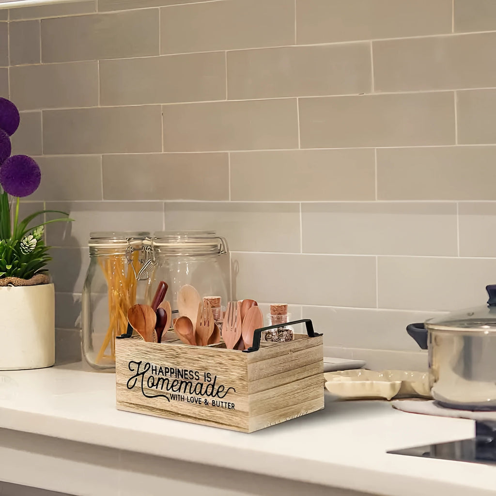Wooden kitchen storage box with divider grid, modern minimalist design